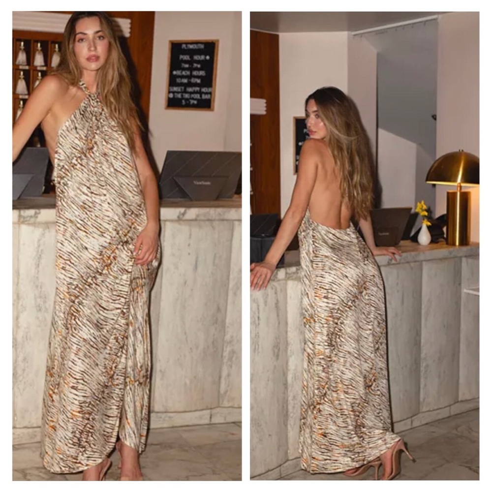 Elan Halter Maxi Dress in Neutral Animal Print